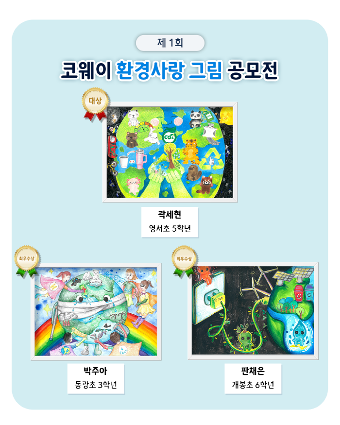 ‘제1회 코웨이 환경사랑 그림공모전’의 수상작들.