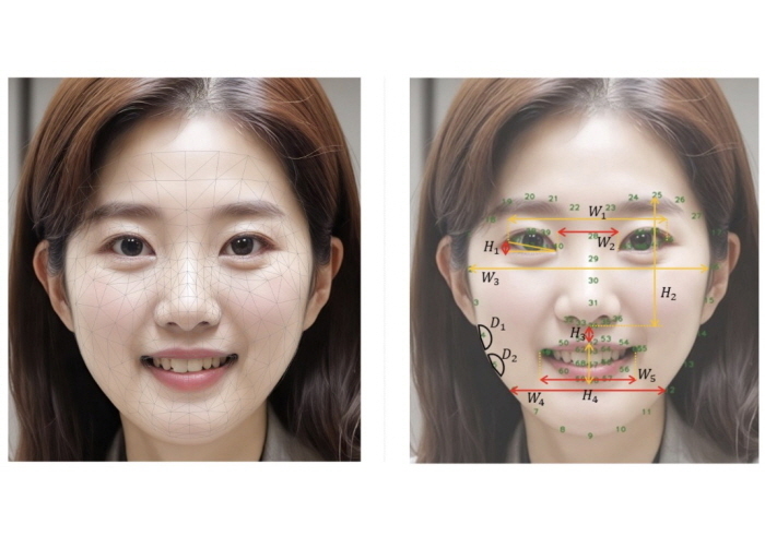 안면 특징점 추출 기술의 적용 예시(왼쪽), 얼굴 부위별 6가지 노화지표 정의 예시(오른쪽). 이미지ㅣLG생활건강.