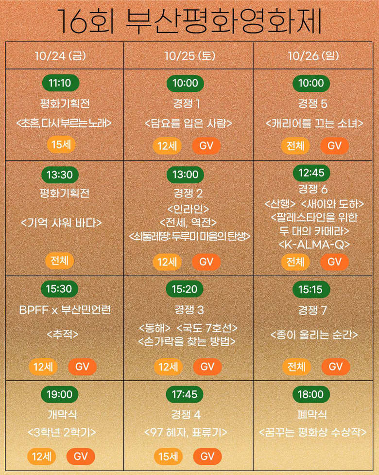 제16회 부산평화영화제 시간표. 이미지ㅣ부산대학교
